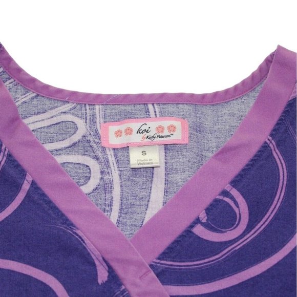 Koi Small Purple Modern Swirling Mock Wrap Kimono Style Medical Scrub Top Nurse - Picture 11 of 11